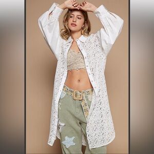 POL White Lace Long Button-Up Shirt